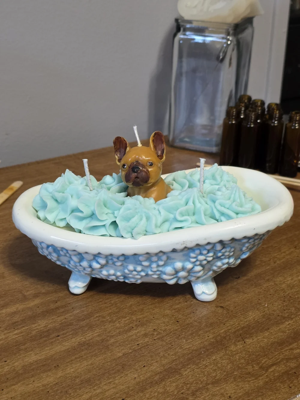 French Bulldog Candle in Auqua & White Glass Claw Foot Bathtub Handcrafted Gifts